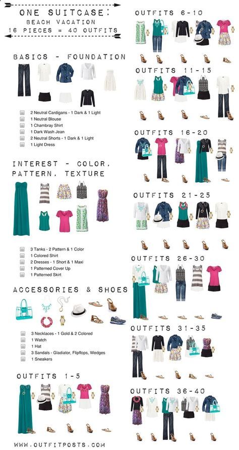 3227814982665671243384 one suitcase: beach vacation/summer wardrobe: 16 pieces, 40 outfits Beach Vacation Checklist, Vacation Checklist, One Suitcase, Bra Tips, Practical Fashion, Quoi Porter, Travel Capsule, Lovely Animals, Foto Tips