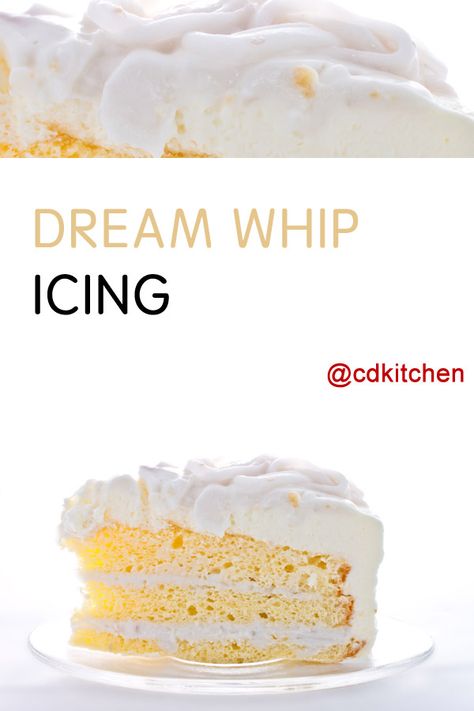 Dream Whip Icing - Made with Dream Whip topping mix, vanilla pudding mix | CDKitchen.com Whip Icing Recipe, Whip Icing, Whipped Icing Recipes, Pudding Icing, Gluten Free Icing, Dream Pie, Dj Board, Pudding Frosting, Cream Filling Recipe