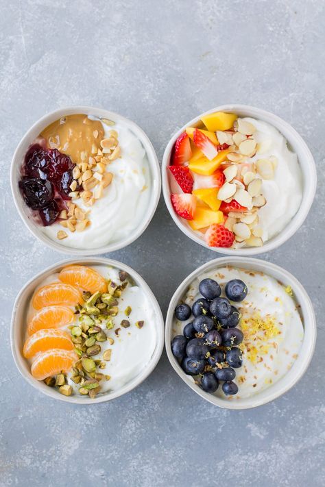 4 Healthy Yogurt Bowls Healthy Yogurt Bowls, Yogurt Bowl Recipe, The Clean Eating Couple, Clean Eating Couple, Yogurt Breakfast Bowl, Greek Yogurt Breakfast, Yogurt Bowls, Healthy Breakfast Snacks, Yogurt Toppings