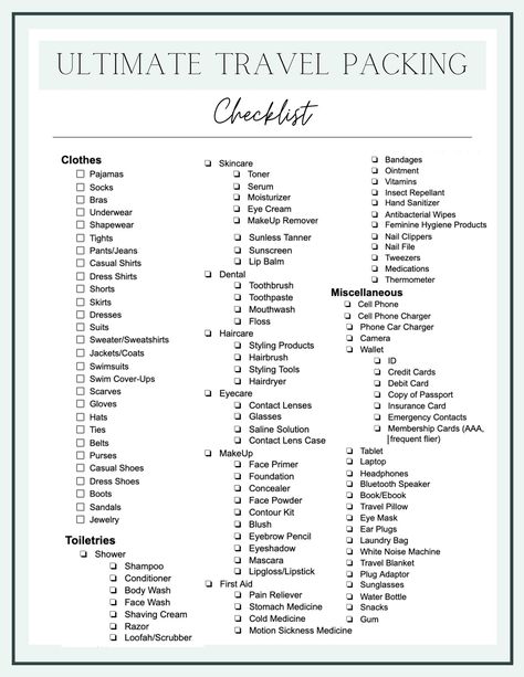 travel packing checklist printable Travel Checklist Printable, Trip Essentials Packing Lists, Packing Essentials List, Travel Packing Checklist, Road Trip Packing List, Travel Bag Essentials, Checklist Printable, Road Trip Packing, Travel Essentials List