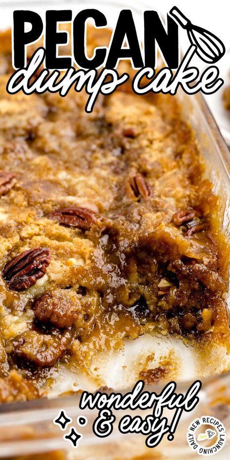 Savor the irresistible combination of sweet, caramel-like brown sugar, crunchy pecans, and effortless preparation in our pecan dump cake. Pecan Cobbler Dump Cake, Pecan Dump Cake, Pecan Desserts Recipes, Pecan Desserts, Pastel Brown, Cake Mix Desserts, Dark Brown Sugar, Dessert Simple, Gateaux Cake