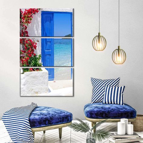 Greek Aesthetic Decor, Greek Theme Room, Greek Room, Greek Interior, Greek Interior Design, Greece Decor, Mediterranean Theme, Greek Homes, Door Wall Art