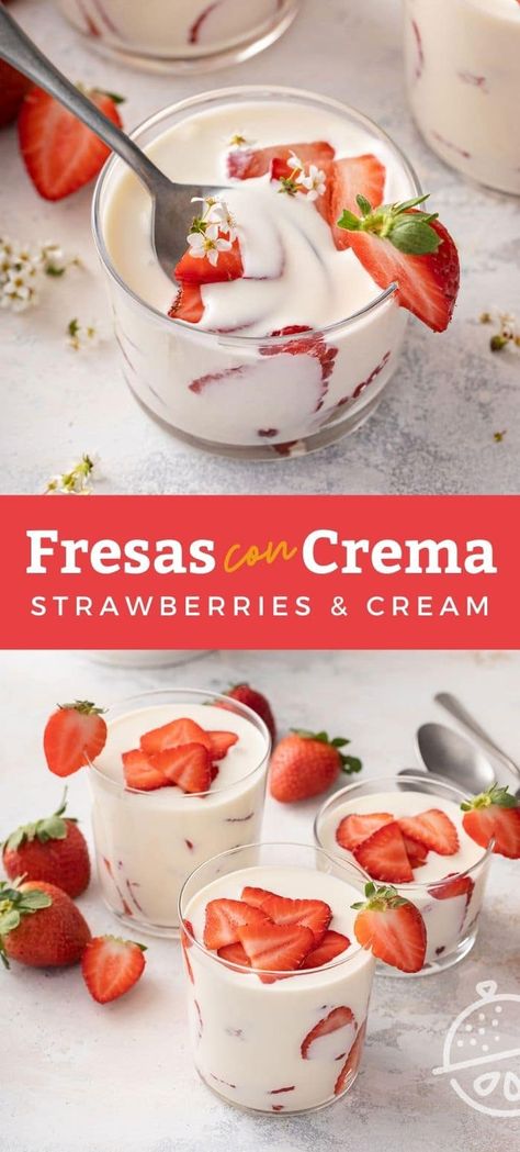 Fruit Dessert No Bake, Mexican Crema Recipe For Fruit, Healthy Strawberries And Cream, Mexican Fruit Cups With Cream, Sweet Cream For Fruit, Mexican Strawberry Jello, Strawberries And Sour Cream, Crema Fresca Recipes, Mexican Easy Desserts