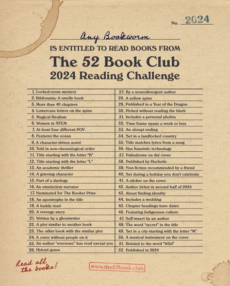 2024 Reading Challenge – The 52 Book Club Reading Bingo, Book Reading Journal, Reading Goals, Recommended Books To Read, Book Challenge, Avid Reader, Happy Reading, Book Dragon, Reading Challenge