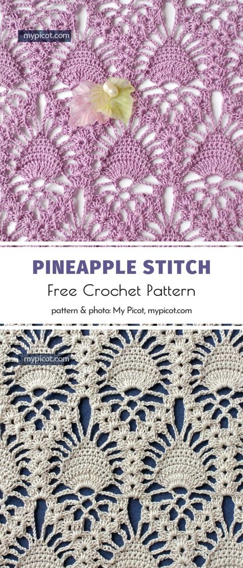 We are all already used to MyPicot's spectacular stitches and step-by-step tutorials, aren't we? If you have never visited this brilliant designer's website, you know what to do. This intricate version of pineapple stitch will be amazing for shawls, tablecloths, and all the other kinds of elegant lacy designs.  #freecrochetpattern #crochetstitch #pineapplestitch Pineapple Crochet Shawl, Elegant Crochet Patterns, Free Crochet Tablecloth Patterns, Elegant Crochet Stitches, Crochet Stitch Patterns Free, Crochet Stitches Free Pattern, Crochet Pineapple Patterns Free, Ravelry Crochet Free Patterns, Asian Crochet