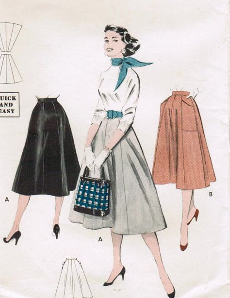 Sewing Pattern 40s Everyday Fashion, Vintage Sewing Patterns Illustration, Vintage Skirt Outfit Retro, 50s Sewing Patterns, 1950’s Outfits, Vintage Fashion Illustration, Vintage Clothes Patterns, 50s Skirt, 1950s Patterns