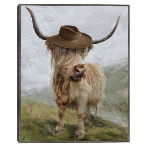 Wyatt - a distinct and charismatic portrayal of a highland cow by Studio Arts that brings the spirit of the Wild West into your home. This unique piece captures Wyatt, the highland cow, adorned with a brown cowboy hat, set against a backdrop that highlights his long, pointed horns and rugged charm. It's a fusion of rustic wilderness and playful imagination that adds a touch of whimsy to any room. Cow In Cowboy Hat, Cowboy Hat Design, Hat Design, Forest Landscape, Framed Wall Art Sets, Oval Frame, Decor Furniture, Highland Cow, Cowboy Hat