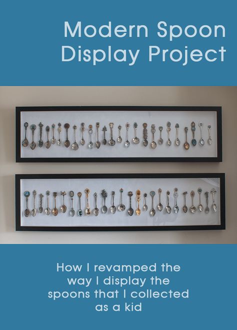 DIY method of displaying spoons in a shadowbox (works for other small collections too!) Modern Spoon Collection Display, Cartonnage, Collectible Spoon Display Ideas, Decorative Spoon Display, Antique Spoon Display, Collector Spoon Display Ideas, Souvenir Spoon Display Ideas, Spoon Display Ideas, Spoon Collection Display