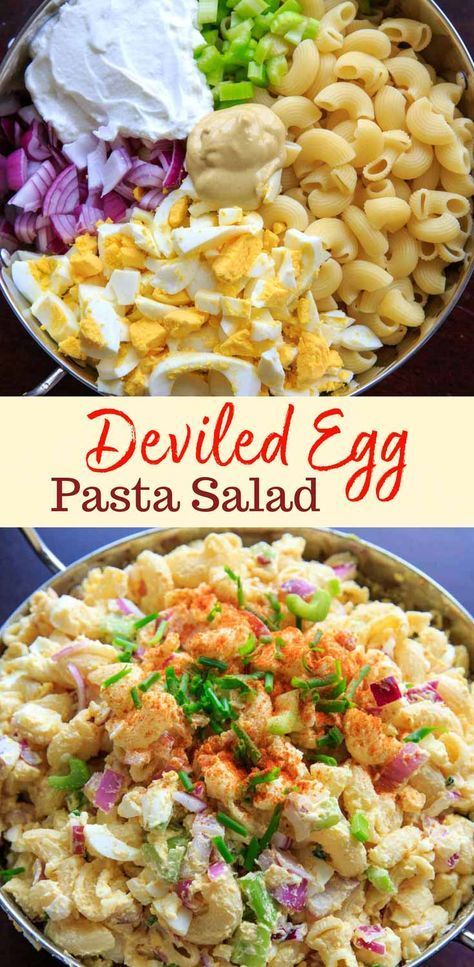 Deviled egg pasta salad using elbow macaroni noodles. Light on the mayonnaise and big on flavor, this dish is a hit at cookouts or summer gatherings! Also a great way to use leftover hard boiled eggs. You CAN serve right after preparing, but salads like this are always a little better after the flavors have a little time to marinate. Soup Salad And Sandwich Bar, Pasta Salad With Red Wine Vinaigrette, Up North Dinner Ideas, Comfort Food Meal Prep, Dinner For 11 People, Cool Lunches For Hot Days, Feed A Crowd On A Budget, Pasta Salads With Meat, Healthy Lunch Prep For The Week