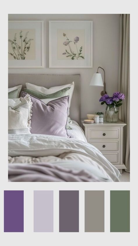 Neutral Bedroom With Purple Accents, Bedroom Colour Schemes Purple, Bedroom Decor Green And Grey, Color Schemes With Lavender, Wood And Purple Bedroom, Bedroom Inspirations Lavender, Room With Gray Walls Bedroom Ideas, Cute Color Schemes Bedrooms, Lavender Colour Bedroom Ideas