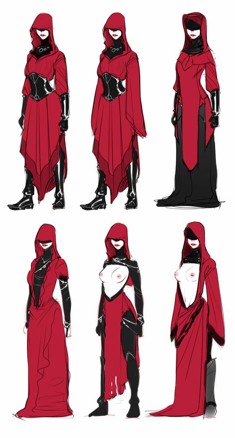 Robes Character Design, Female Priest Art, Erinyes Art, Cultist Clothes, Fantasy Robes Concept Art, Robes Drawing Reference, Rogue Outfit Design, Immortal Character Design, Executioner Outfit