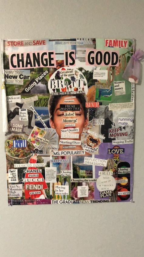 Vision Board Arts And Crafts, Vision Board With Magazines, Collage Of Things I Like, 90s Vision Board, Magazine Collage Vision Board, Vision Board Ideas With Magazines, Sketchbook Vision Board, Collage For School Projects, Poster Board Collage Ideas