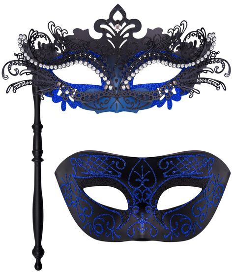 PRICES MAY VARY. Masquerade masks with stick for couple - package include 2 pcs masquerade masks for couple, one is black background with blue texture plastic masquerade mask for men, the other black & blue is black ABS base inlaid metal masquerade mask on a stick for women with rhinestones decoration Premium material - SIQUK masquerade mask with stick for couple made of strong, durable and lightweight ABS plastic and metal, no extra glue and no discoloration, can easily be molded to the contour Pngtuber Ideas, Masquerade Mask For Men, Masquerade Party Mask, Couples Masquerade Masks, Mask Halloween Costume, Black Masquerade Mask, Mask Ball, Mens Masquerade Mask, Handmade Mask