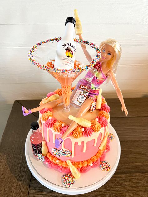 Orange 21st Birthday Cake, Trashed Barbie Birthday Cake, Barbie Sick Cake, Fun 21st Birthday Cakes, Barbie Throwing Up Cake 21st Birthday, 18th Birthday Cake Barbie, Barbie Theme 21st Birthday, Drink Barbie Cake, Pink Cake Barbie