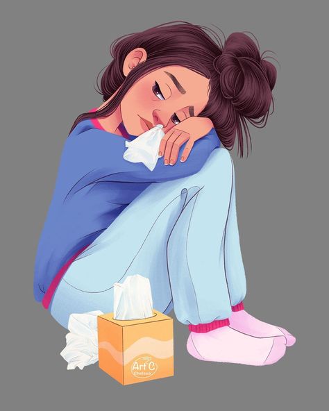 Feeling Sick Illustration, Sickness Illustration, Sick Mood, Sick Cartoon, Sick Illustration, Sticker Facebook, Girl Sick, Cold Sick, I Feel Sick