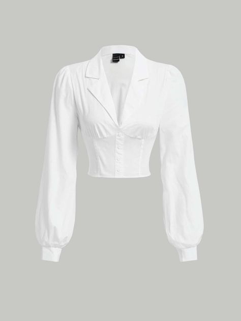 White Elegant Collar Long Sleeve Woven Fabric Plain Shirt Embellished Non-Stretch  Women Tops, Blouses & Tee Cute White Button Up, White Button Shirt Women, Shirt Outfits Women Formal, Shirt Formal Women, Cropped White Button Down Shirt, Top Blanco Outfit, Women Blouses Fashion Classy, Women Formal Shirt, Formal Shirts Women