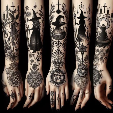 You know what's worse than having a messed up tattoo design on your skin forever? Getting called out about that epic fail online. Witch Hand Tattoo Designs, 3 Witches Tattoo, Traditional Tattoos Hand, Witch Pin Up Tattoo, Dark Academia Tattoo Ideas, Witchy Sleeve Tattoo, Charmed Tattoo, Witch Tattoo Sleeve, Dark Witch Tattoo