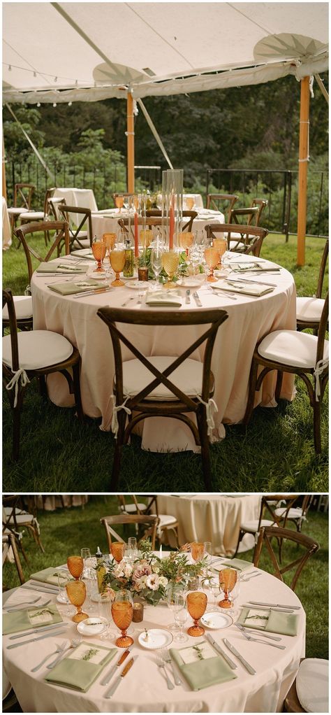 Cream Tablecloth Wedding, Green And Neutral Color Palette Wedding, Garden Wedding Reception Table Setting, Burnt Orange And Sage Green Wedding Reception, Sage Reception Tables, Whimsical Round Table Setting, Outdoor Wedding Tablecloth, Sage And Sunset Wedding, Round Table Terracotta Wedding