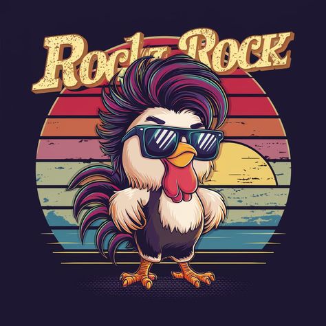 Ready to print File Background has been remove!! Unleash your inner rockstar with this fun and quirky 'Rock & Rock' chicken graphic tee! Featuring a stylish rooster sporting a retro pompadour hairstyle, cool sunglasses, and a vibrant sunset backdrop, this shirt is perfect for those who love to mix humor with a dash of rock 'n' roll flair. Made from soft, high-quality cotton, this t-shirt offers comfort and durability, making it a great addition to any casual wardrobe. Ideal for music lovers, animal enthusiasts, or anyone who enjoys unique, vintage-inspired designs. Available in various sizes and colors, this tee makes an excellent gift for friends and family who appreciate a good laugh and a standout look. Chicken Graphic, Sunglasses Graphic, Sunset Backdrop, Pompadour Hairstyle, Chicken Tshirts, Rock Rock, Rock N’roll, Rock'n Roll, Cool Sunglasses