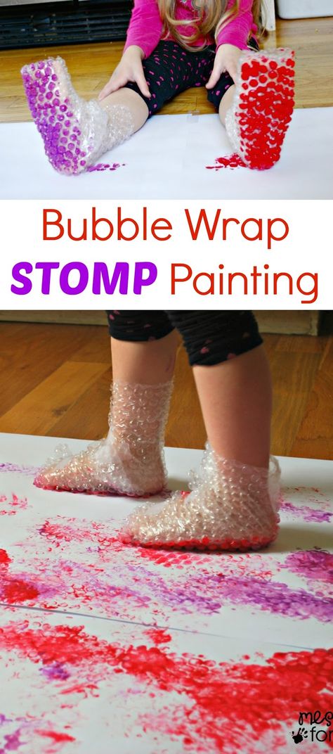 In my home, I have a closet of kids art and activity supplies, and when I am looking for ideas, I sometimes just go and look inside and see what inspires me. Today, I noticed some easel paper and bubble wrap. We have had lots of fun with bubble wrap in the past, creating Bubble Wrap Prints and Painting with Rolling Pins and Bubble Wrap. I decided to pair up bubble wrap and paint again, but this time I wanted it to be more of a gross motor experience. And so, Bubble Wrap Stomp Painting was born. Childcare Activities, 5 Senses Craft, Easy Stem, Aktiviti Kanak-kanak, Easy Toddler Activities, Nursery Activities, Mouse Crafts, Toddler Arts And Crafts, Baby Learning Activities