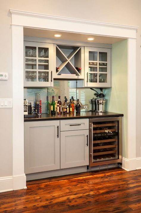 Built in storage, fridge, china display up top.  House of Turquoise: Renewal Design-Build Built In Dining Room Hutch, Built In Dining Room, Basement Kitchenette, Dining Room Hutch, Built In Bar, Herringbone Backsplash, House Of Turquoise, Small Basements, Home Bar Designs