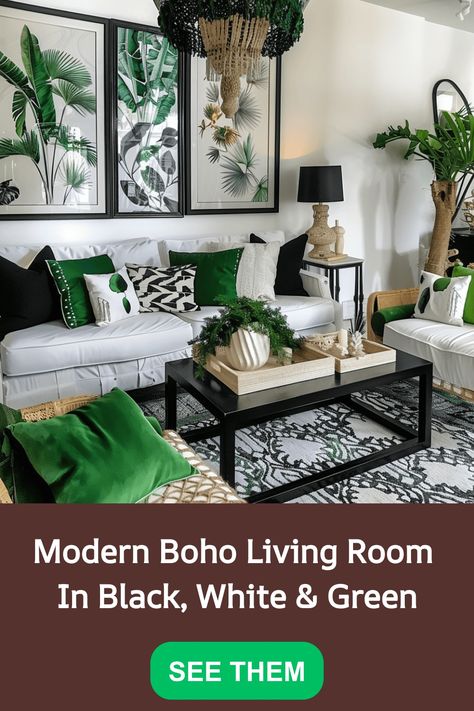 boho living room Boho Living Room With Plants, White And Green Room, Lush Plants, Modern Boho Style, Contemporary Bohemian, Modern Boho Living Room, Green Velvet Pillow, Sleek Furniture, Boho Interior Design