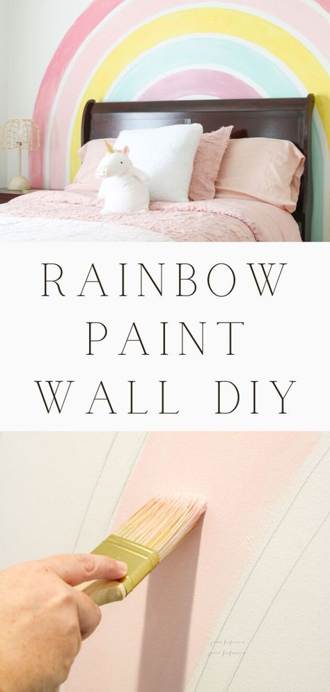 Boho Rainbow Painted Wall, Rainbow Nursery Wall Art, Hand Painted Rainbow On Wall, Diy Rainbow Paint Wall, Rainbow Paint Colors Behr, Boho Rainbow Accent Wall, Paint A Rainbow On A Wall, Easy Diy Painted Accent Wall, Diy Painted Arch On Wall