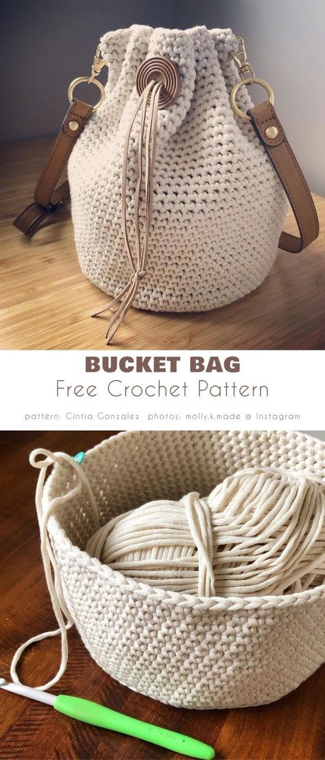 Bucket Bag Pattern, Tote Crochet, Free Crochet Bag, Crochet Bag Pattern Free, Bag Pattern Free, Crochet Handbags Patterns, Crochet Basket Pattern, Crochet Clutch, Drawstring Bucket Bag