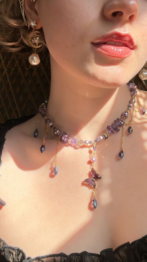 Purple night fairy necklace from ayselia jewelry Whimsical Jewelry Aesthetic, Forest Fairy Necklace, Fairy Wedding Jewelry, Ingenue Jewelry, Ethereal Jewelry Aesthetic, Whimsigothic Style, Ingenue Romantic, Ethereal Accessories, Fairy Core Jewelry