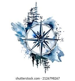 Nautical Painting Ideas, Double Exposure Tattoo, Compas Tattoo, Northern Lights Tattoo, Watercolor Compass Tattoo, Alaska Tattoo, July Background, Compass Art, Drawing Scenery