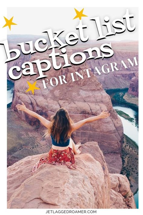 TEXT SAYS BUCKET LIST CAPTIONS FOR INSTAGRAM. WOMAN ALONE. Bucketlist Caption, Bucketlist Quotes Travel, Bucket List Instagram Captions, Bucket List Quotes Inspiration, Bucket List Captions For Instagram, Bucket List Captions, Travel Quotes Instagram, Instagram Captions Travel, Concert Quotes