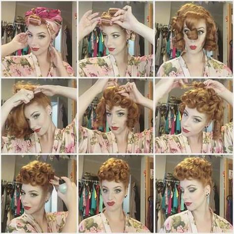 Miss Victory Violet Lucille Ball Hair, 20th Century Hairstyles, Ball Hairstyle, Cabelo Pin Up, Miss Victory Violet, Victory Violet, Ball Hair, Retro Updo, 50s Hairstyles