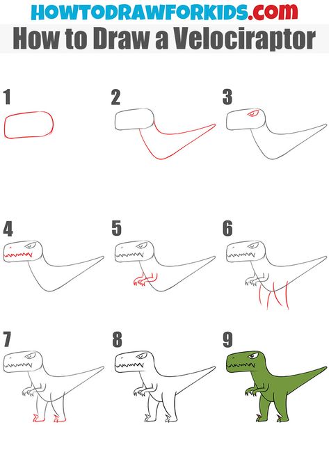 How to Draw a Velociraptor - step by step drawing tutorial Velociraptor Drawing Easy, Easy Dinasour Drawing, How To Draw A Dinosaur, How To Draw A T-rex, Raptor Drawing, Velociraptor Drawing, Feather Art Projects, Easy Dinosaur Drawing, T-rex Drawing