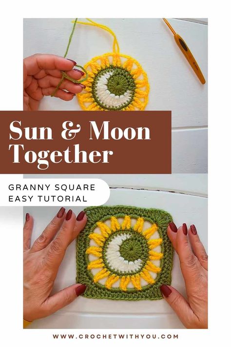 Are you ready to embark on a delightful crochet journey that intricately weaves together the celestial beauty of the Sun and the mysterious allure of the Moon? Look no further! Here at CrochetCabin, we are absolutely thrilled to share with you an exciting and beginner-friendly crochet tutorial: the Sun & Moon Together Granny Square. This enchanting creation is the brainchild of the immensely talented crocheter, CrochetCabin, who has skillfully combined the radiant warmth of the Sun with the... Bee Crochet Granny Square, Crystal Ball Granny Square, Free Moon Granny Square Pattern, Crochet Sun Square Pattern, Crochet Sun And Moon Granny Square, Solar Eclipse Crochet Pattern, Space Themed Granny Square, Mandala Granny Square Crochet Free Pattern, Moon Granny Square Crochet Pattern Free