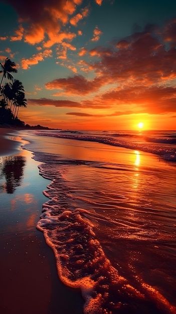 Experience the serene beauty of a pristine beach and captivating sunset through an HD wallpaper. The tranquil waters and soft sands provide a perfect backdrop, while the vivid sunset paints the sky with warm hues. Immerse in nature's charm with every detail sharply rendered, bringing the beach to life on your screen.