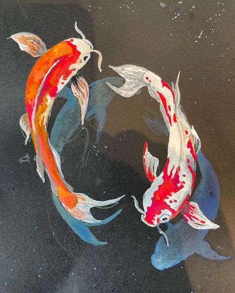 Yin Yang Koi Fish Drawing, Chinese Koi Fish Art, Koi Fish Poster Aesthetic, Coy Fish Painting Acrylics, Paper Mache Koi Fish, Koi Carp Painting, Painted Koi Fish, Koi Art Painting, Koy Fish Draw