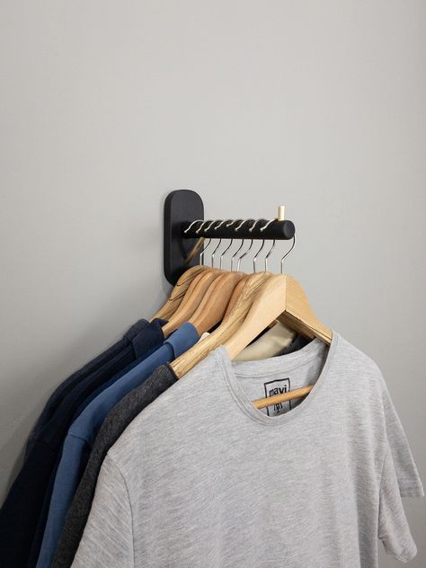 Vertical Clothes Hanger, Wall Mount Clothes Hanger, Clothes Hanger Wall, Clothe Hangers Wood, Rail For Clothes, Wall Clothes Hanger Ideas, Wood Hanger Rack, Wall Hangers Hooks, Cloth Hanger Ideas