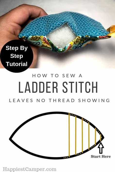 Ladder Stitch Tutorial. No More thread showing on your seams! Show you step by step with Pictures on how to sew a ladder stitch. Ladder stitch, is also called a blind stitch, invisible stitch or hidden stitch. This is the perfect sewing stitch to finish off projects like pillows or ones where you don't want any thread showing. #sewingtutorial #stitching #sewing Sew Ins, Ladder Stitch Tutorial, Syprosjekter For Nybegynnere, Invisible Stitch, Costura Diy, Stitch Tutorial, Ladder Stitch, Techniques Couture, Beginner Sewing Projects Easy