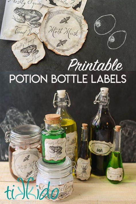 Get free printable potion bottle labels (in two sizes!) and tips and tricks for filling your bottles to make a great decoration for Halloween or a Harry Potter party. Halloween Printable Labels, Free Printable Halloween Potion Bottle Labels, Free Printable Potion Bottle Labels, Printable Potion Labels Free, Free Printable Halloween Wine Bottle Labels, Harry Potter Potion Labels Free Printables, Halloween Bottle Labels Free Printable, Potion Labels Free Printables, Free Potion Labels