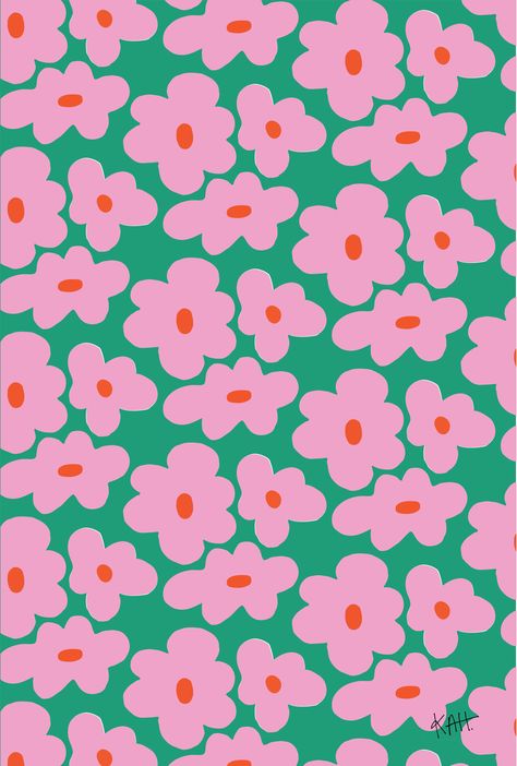 Bold floral print. Bubblegum pink organic flowers with a bright red orange center, patterned over a kelly green bagground. Social Graphics, Tods Bag, Motifs Textiles, Wallpaper Love, Prints And Patterns, 패턴 배경화면, Whatsapp Wallpaper, 수채화 그림, Phone Wallpaper Patterns