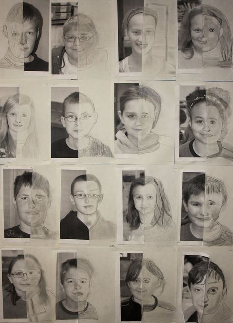 Meet Me in the Middle - 5th Grade Self-Portraits | Art is Awesome! Trin For Trin Tegning, Portrait Au Crayon, Classe D'art, Self Portrait Drawing, Self Portrait Art, L'art Du Portrait, Middle School Art Projects, Drawing Realistic, Pencil Portraits