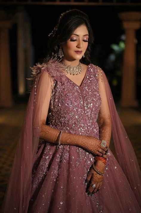 Sangeet makeup Pink gown makeup Princess look Engagement Gown Makeup Look, Gowns For Wedding Indian, Poses On Gown, Sangeet Look For Bride, Pink Gown Makeup Look, Gown For Sangeet Function, Gown Makeup Look, Sangeet Gowns For Bride, Simple Engagement Looks For Indian Bride