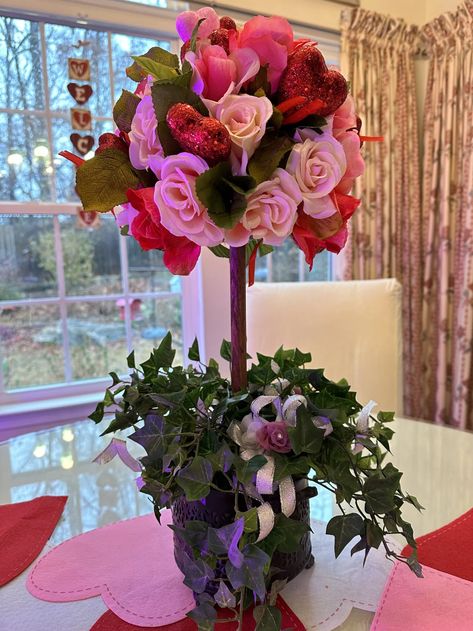 Create a Valentine Topiary Valentine Topiary, Ivy Vine, Come With Me, Flower Ball, Fabric Roses, Valentine Crafts, Be My Valentine, Red And Pink, Table Runners