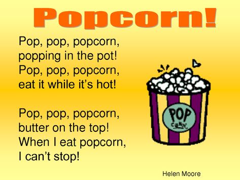 "Popcorn Poem" English Poems For Children, Poems For Preschoolers, English Love Poems, Short Poems For Kids, Fun Poems, English Poems For Kids, English Poem, Preschool Poems, Patriotic Poems