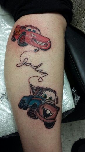 Lightning and Mater. Mater And Lightning Mcqueen Tattoo, Disney Cars Tattoo Ideas, Disney Cars Tattoo, Lighting Mcqueen Tattoo, Lightning Mcqueen Tattoo, Chloe Tattoo, Boy Mom Tattoo, Tat Designs, Flash Mcqueen