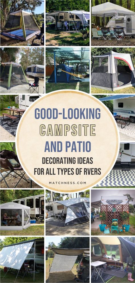Long Term Campsite Ideas, Rv Patio Deck Ideas, Camper Front Yard Ideas, Porch Ideas For Campers, Rv Front Yard, Outdoor Rv Space, Camping Yard Ideas, Camp Deck Ideas, Canopy Set Up Ideas