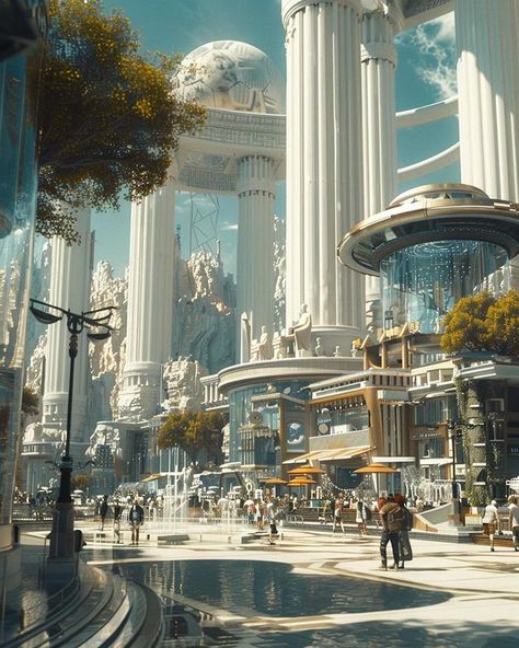 Futuristic Roman Empire, Ancient City Concept Art, Futuristic Kingdom, Modern Fantasy World, Futuristic Egypt, Futuristic Stadium, Ancient Futurism, Sci Fi World, Futuristic City Utopia