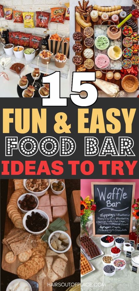 15 food bar ideas for parties that are easy and simple. You'll love these food bar buffets for graduation, new years, birthdays, breakfast, taco, snacks, and more. Appetizer Bar Ideas Food Stations, Build Your Own Party Food Ideas, Fun Party Food Themes, Fun Food Party Ideas, Snack Food For Birthday Party, Snacks For Concerts, Christmas Snack Bar Ideas Party, Employee Food Ideas, Breakfast Food Bar For Parties