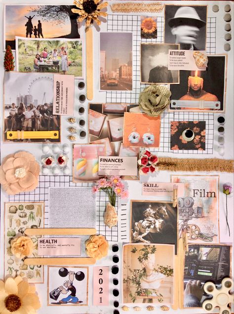 3d Vision Board Ideas, Magazine Collage Vision Board, Handmade Mood Board, Mixed Media Vision Board, Vision Board Handmade, Mood Boards Examples, Vision Board Art Project, Collage Inspo Mood Boards, Handmade Vision Board