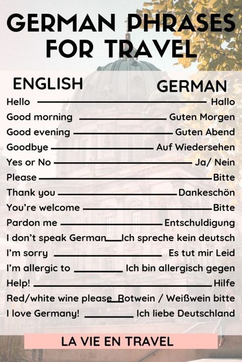 Germany Travel - German Phrases with Pronunciation - Germany vacation - Germany itinerary - Berlin - Munich - Learn these 25 German words and phrases for your Germany trip to ask for directions, order at restaurants, and more! #germany #berlin #munich #travel German Words For Travel, German Travel Phrases, Germany Travel Tips, German Phrases Beautiful, How To Learn German, German Phrases Travel, German Places, German Lifestyle, German Aesthetic